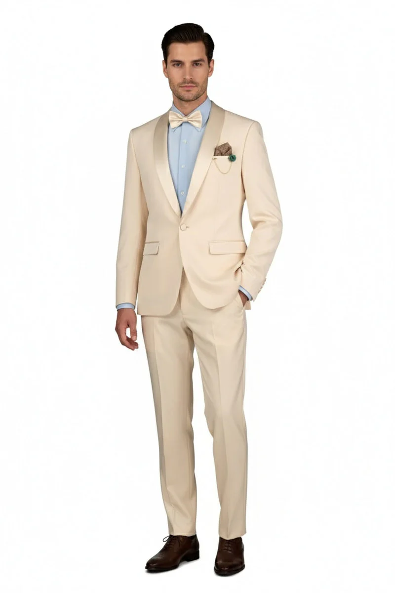 Spectrum Champagne Shawl Lapel Tuxedo – 3-Piece One Button Elegant Formal Suit
