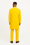 Bright yellow zoot suit: long, structured jacket with tapered pants. Solid yellow fabric, vintage 1920s style. Jacket features a single back vent & three cuff buttons. Bold color, tailored fit.