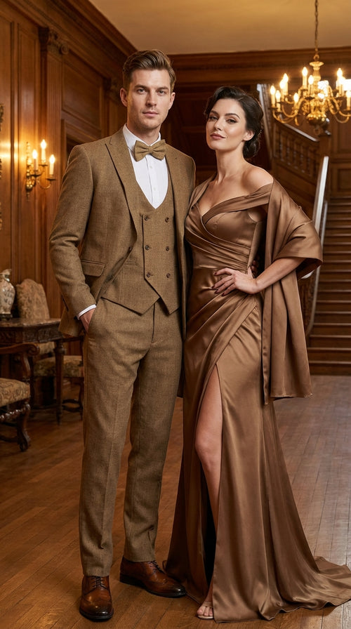 Mens Mocca Brown Taupe textured 1920s Great Gatsby Inspired Suit – Vintage Three Piece Retro Formal Suit Peak Lapel