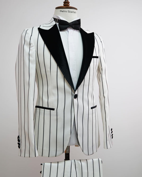 Vintage Tuxedo - White Wedding Suit White and Black Pinstripe Groom Prom Suit - AlbertoNardoniStore