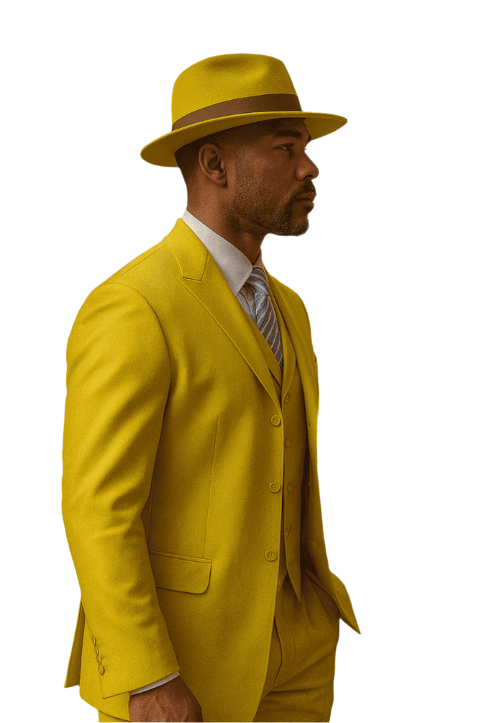 Classic yellow zoot suit: structured jacket, matching vest, and high-waisted trousers. Features a coordinating yellow hat, smooth fabric, and a contrasting white patterned shirt with a light blue necktie.
