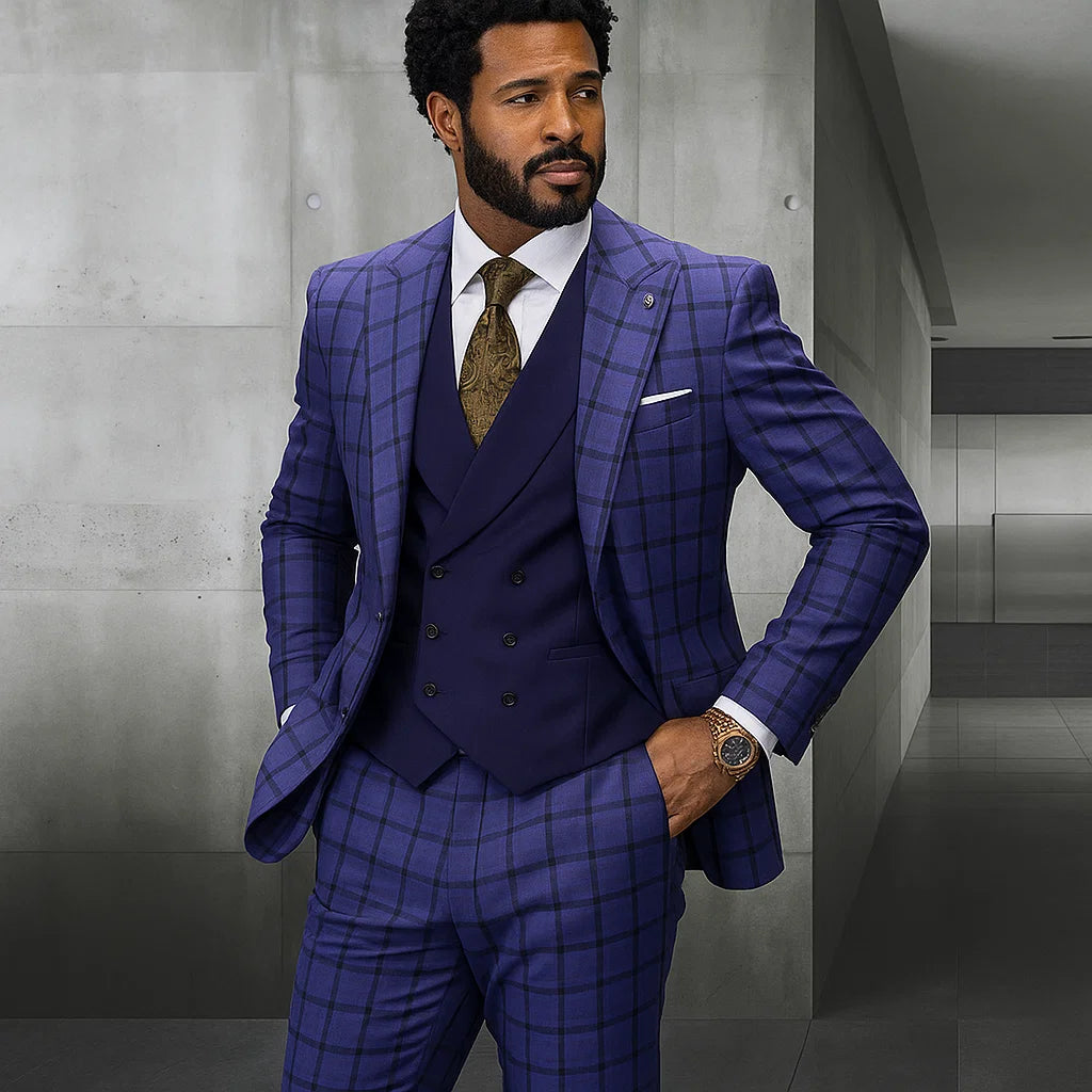Statement ITALY Suit - Super 150's Wool Suit Statement Men's 3 Piece Modern Fit 100% Wool Suit - Plaid with Solid Vest