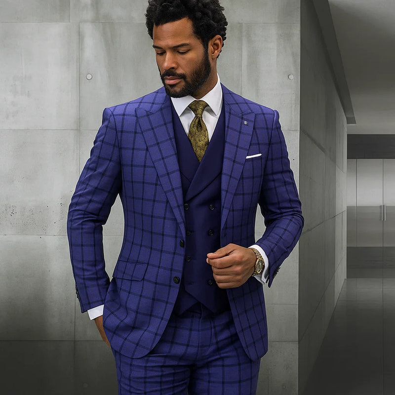 Statement Men's 3 Piece 100% Wool Plaid Suit - Modern Fit