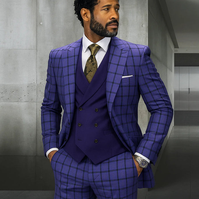 Statement Men's 3 Piece 100% Wool Plaid Suit - Modern Fit