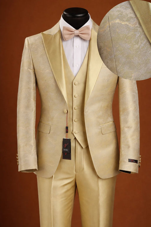 Vitali Mens Yellow Gold Designer Tuxedo Suit Set  Luxury Wedding Prom  Formal Tuxedo with Vest Bow Tie in Champaign Color | Alberto Nardoni