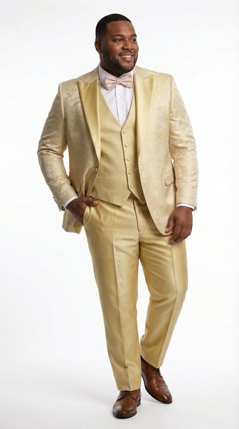 Vitali Mens Yellow Gold Designer Tuxedo Suit Set – Luxury Wedding Prom Formal Tuxedo with Vest Bow Tie in Champaign Color
