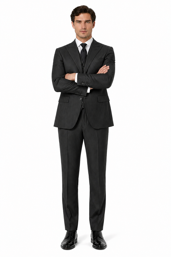 Vitali Mens Black Tone on Tone Shadow Stripe Vested Suit Set – 3 Piece Modern Fit Pinstripe Two Buttons