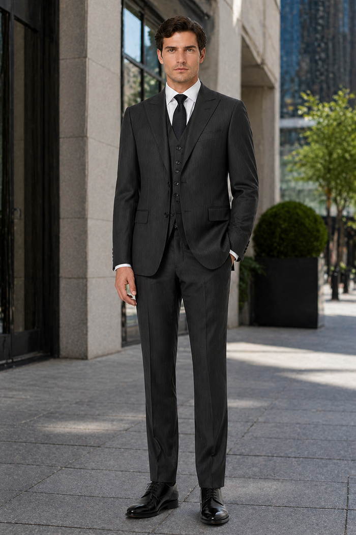Vitali Mens Black Tone on Tone Shadow Stripe Vested Suit Set – 3 Piece Modern Fit Pinstripe Two Buttons