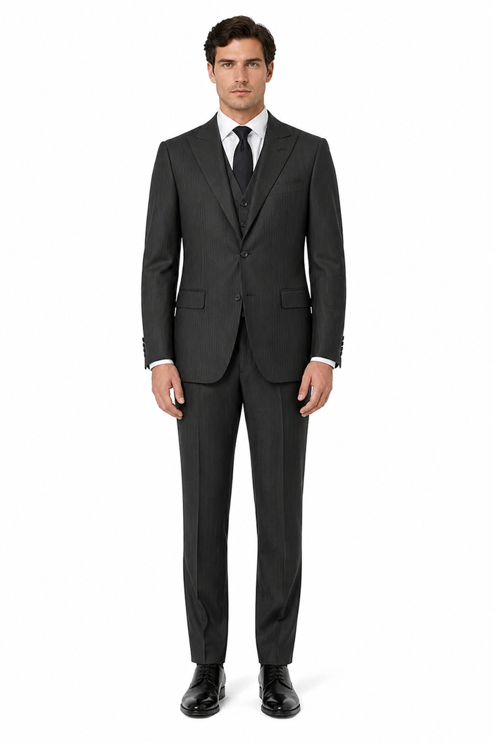 Vitali Mens Black Tone on Tone Shadow Stripe Vested Suit Set – 3 Piece Modern Fit Pinstripe Two Buttons
