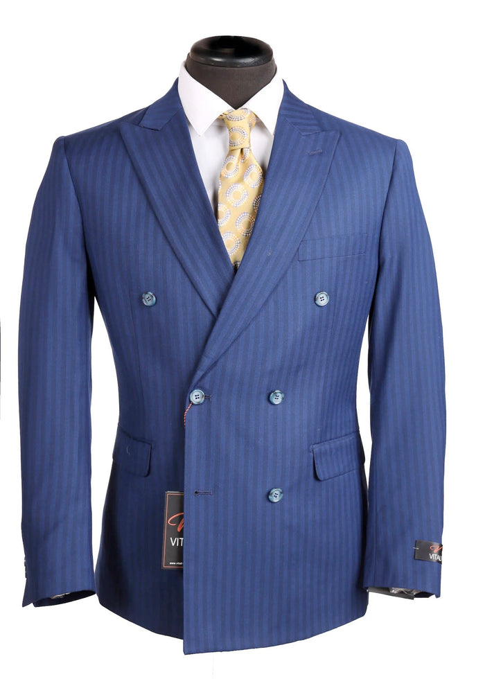 Vitali Mens Blue Tone on Tone Shadow Pinstripe Suit Set – Double Breasted Business Modern Fit Side Vented