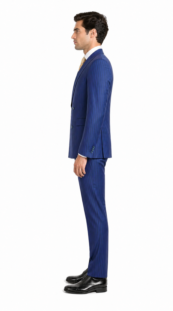 Vitali Mens Blue Tone on Tone Shadow Pinstripe Suit Set – Double Breasted Business Modern Fit Side Vented