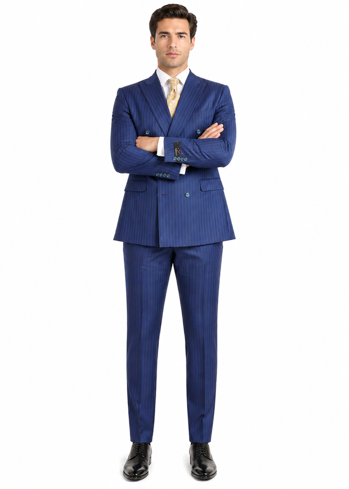 Vitali Mens Blue Tone on Tone Shadow Pinstripe Suit Set – Double Breasted Business Modern Fit Side Vented