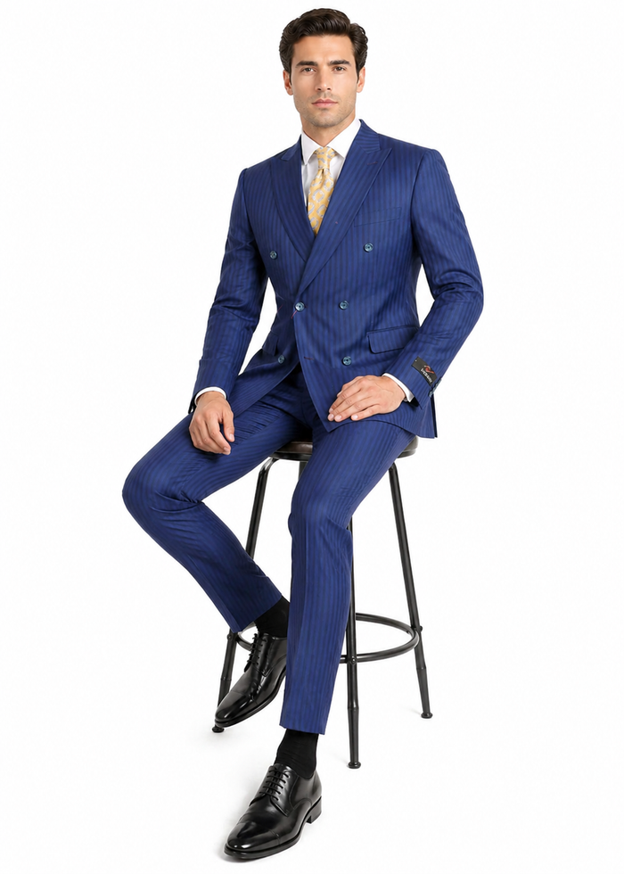 Vitali Mens Blue Tone on Tone Shadow Pinstripe Suit Set – Double Breasted Business Modern Fit Side Vented