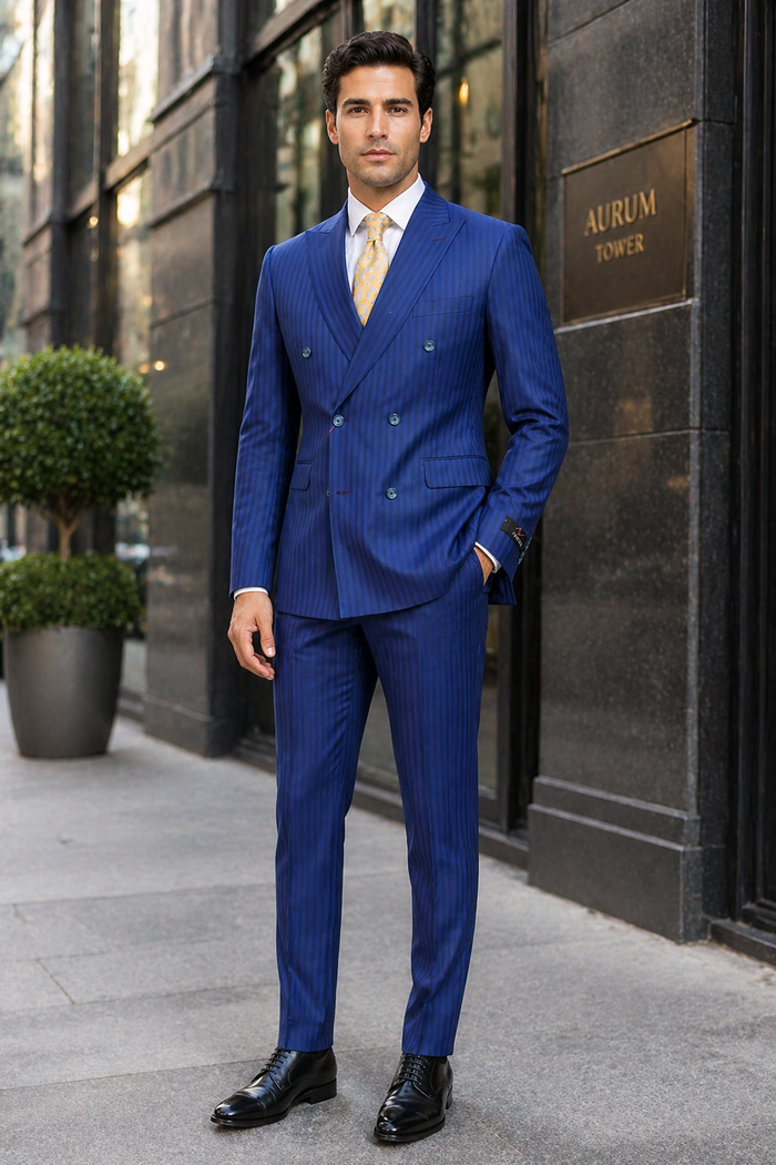 Vitali Mens Blue Tone on Tone Shadow Pinstripe Suit Set – Double Breasted Business Modern Fit Side Vented