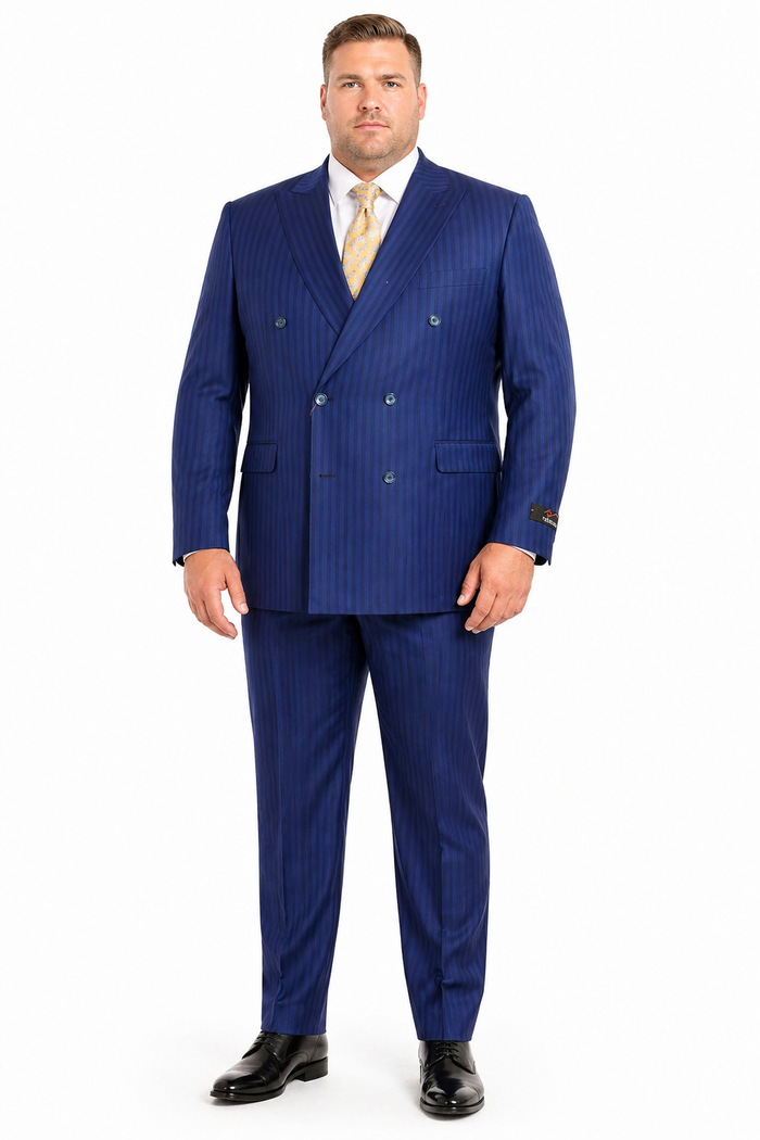 Vitali Mens Blue Tone on Tone Shadow Pinstripe Suit Set – Double Breasted Business Modern Fit Side Vented