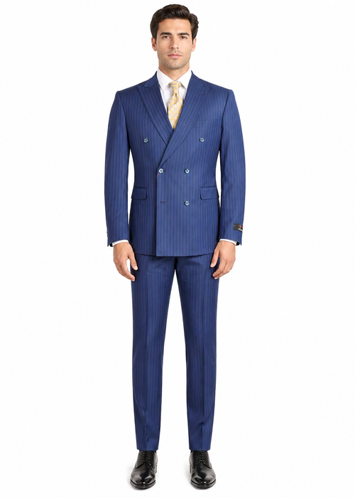 Vitali Mens Blue Tone on Tone Shadow Pinstripe Suit Set – Double Breasted Business Modern Fit Side Vented