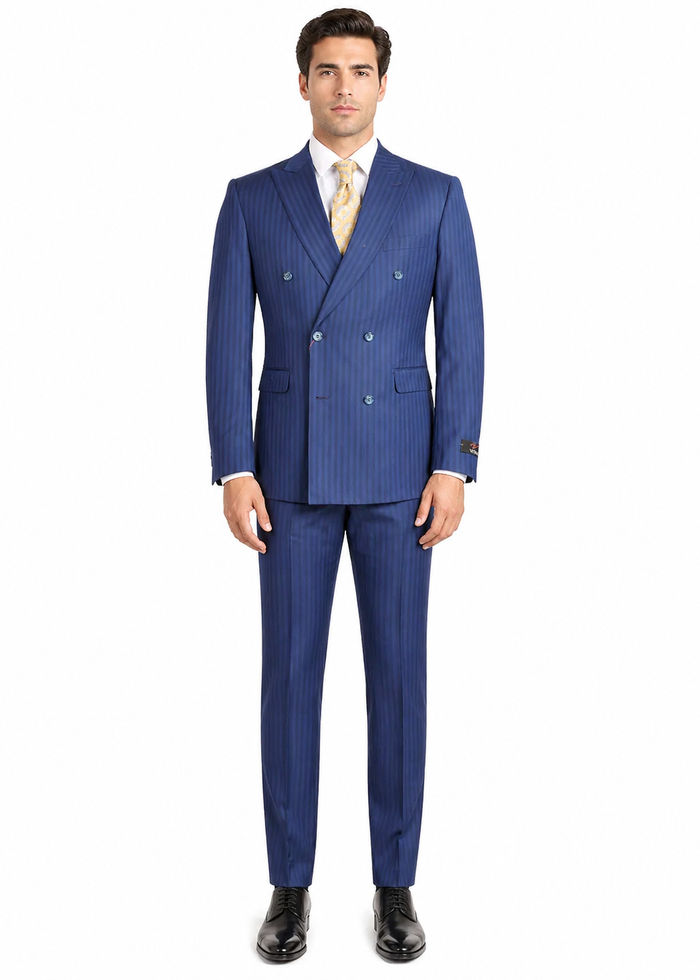 Vitali Mens Blue Tone on Tone Shadow Pinstripe Suit Set – Double Breasted Business Modern Fit Side Vented