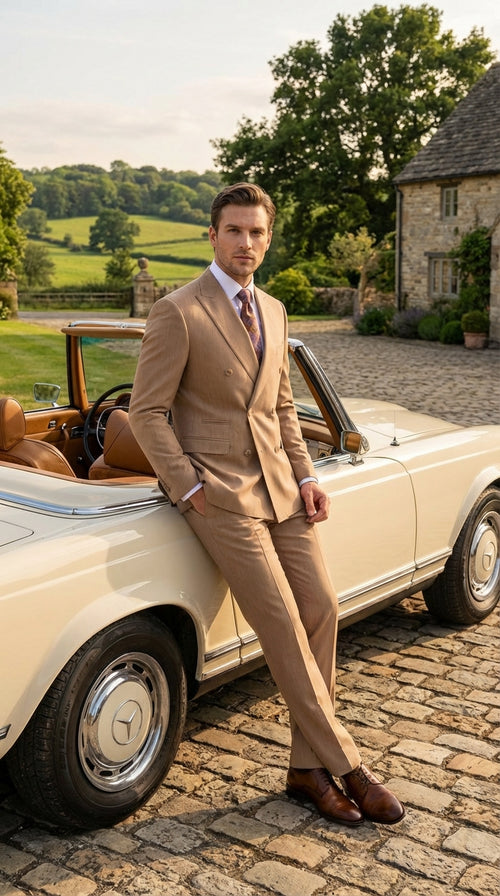 Vitali Tan Double Breasted Suit – Men’s 2 Piece Formal Suit for Wedding, Business and Special Events khaki beige color