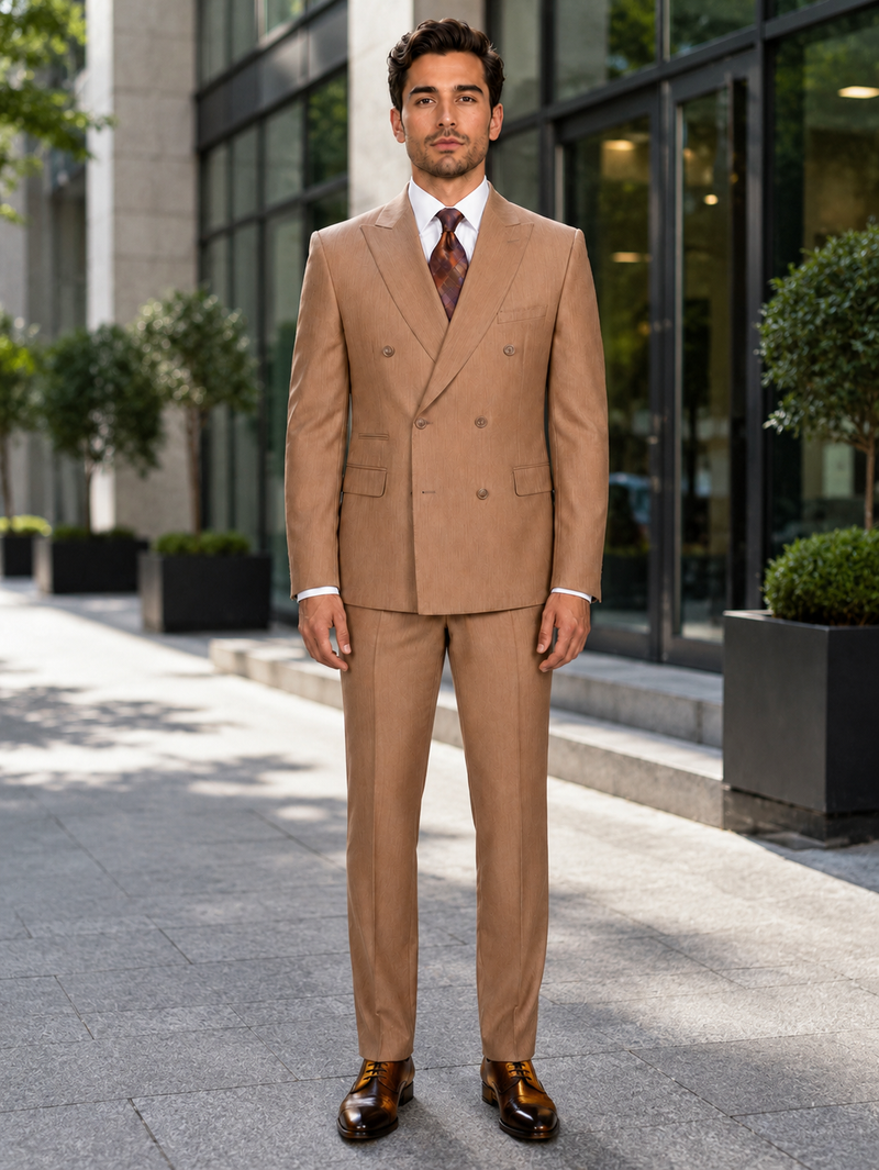 Vitali Tan Double Breasted Suit – Men’s 2 Piece Formal Suit for Wedding, Business and Special Events khaki beige color