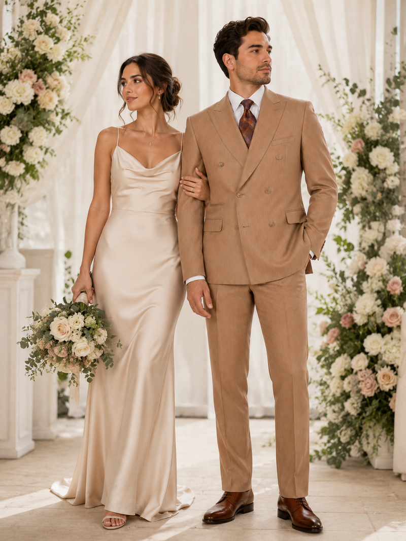 Vitali Tan Double Breasted Suit – Men’s 2 Piece Formal Suit for Wedding, Business and Special Events khaki beige color