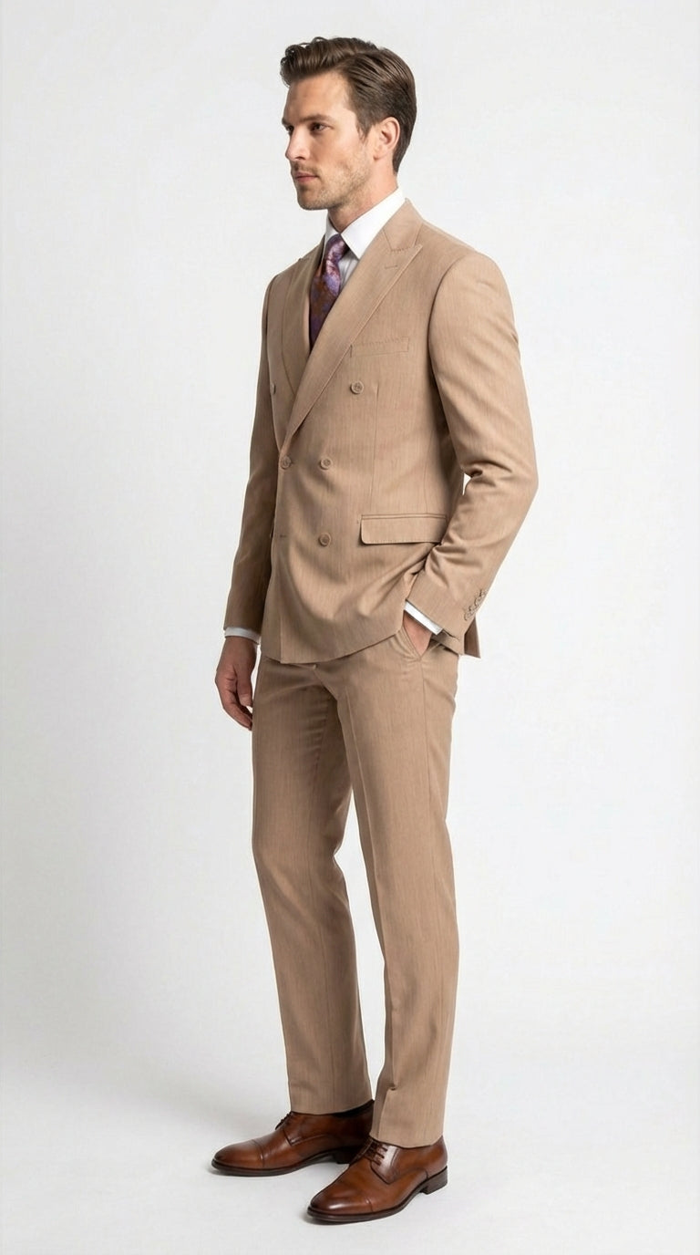 Vitali Tan Double Breasted Suit – Men’s 2 Piece Formal Suit for Wedding, Business and Special Events khaki beige color