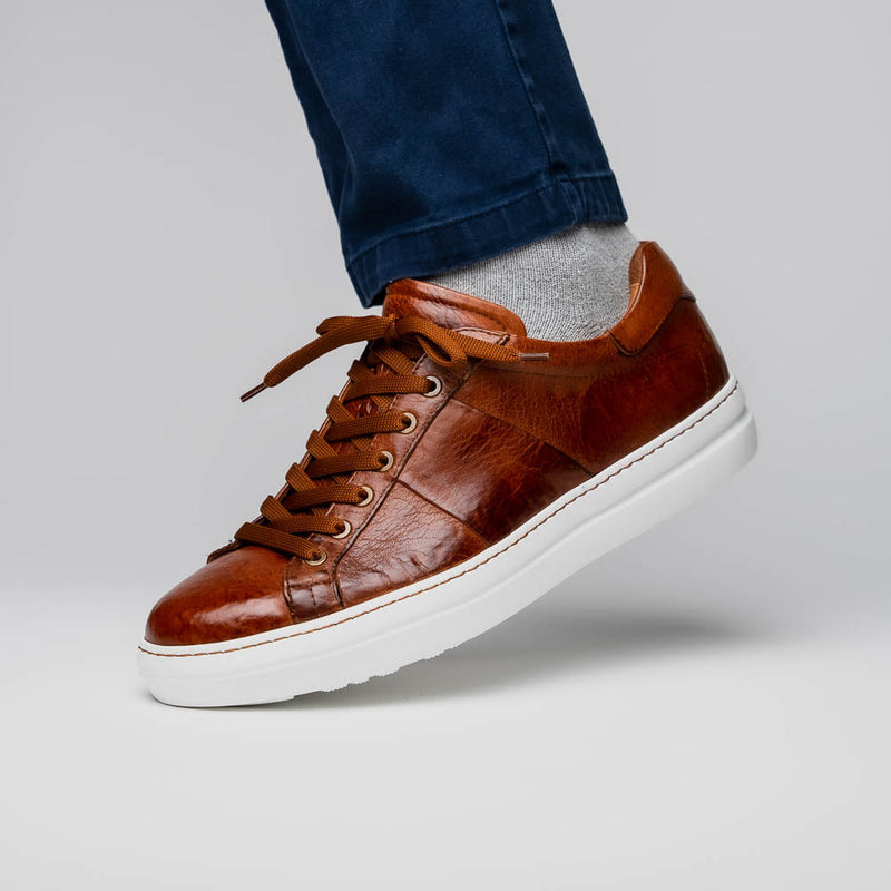 Zelli Vivo Tumbled Calfskin Sneakers in Cognac with White Rubber Sole