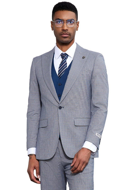 Men's light blue Stacy Adams vested suit with a micro check pattern. Features a fitted shape, peak lapels, and a structured, textured fabric. Includes matching vest. Formal yet visually interesting.
