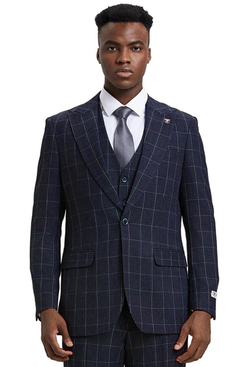 The men's Stacy Adams vest is navy blue with a classic bold windowpane pattern featuring contrasting lines. It has a tailored fit, two front pockets, and a three-button closure.