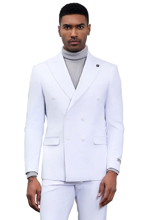 Stacy Adams white double-breasted suit. Structured, tailored silhouette with sharp lapels and six-button closure. Features side pockets. Matching trousers in smooth fabric with subtle sheen for a polished look.

