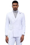 Stacy Adams white double-breasted suit. Structured, tailored silhouette with sharp lapels and six-button closure. Features side pockets. Matching trousers in smooth fabric with subtle sheen for a polished look.
