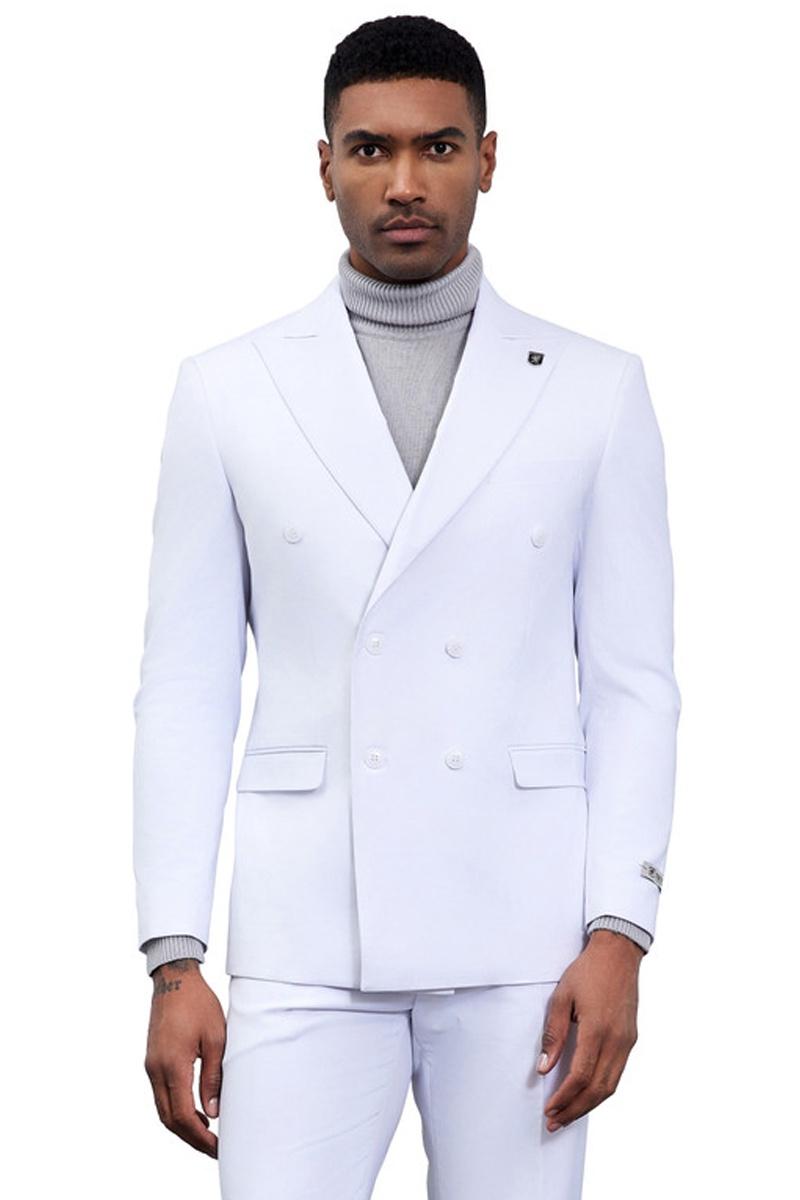 Stacy Adams white double-breasted suit. Structured, tailored silhouette with sharp lapels and six-button closure. Features side pockets. Matching trousers in smooth fabric with subtle sheen for a polished look.
