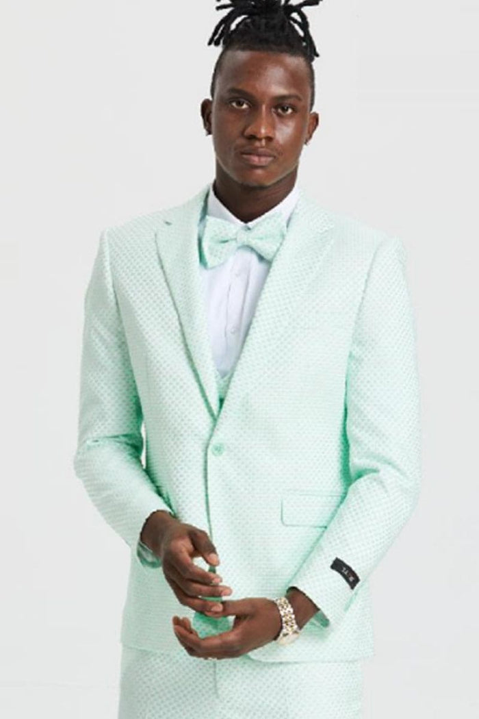 "Men's Mint Green Polka Dot Prom 2026 & Wedding Suit - One Button Double Breasted Vest"