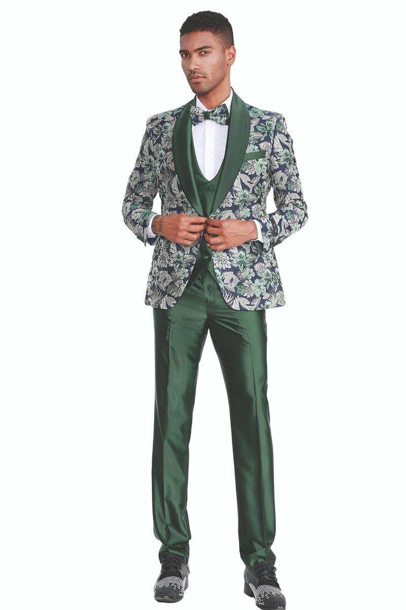 "Men's Slim Fit Paisley Shawl Lapel Tuxedo - One Button Vested Prom 2026 Suit in Hunter Green"