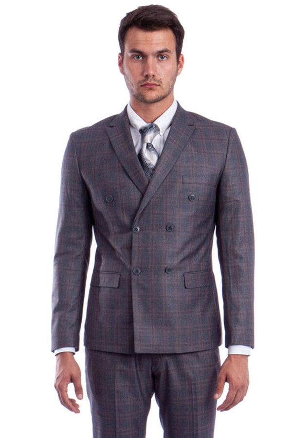 "Glen Plaid Charcoal Grey Suit - Men's Slim Fit Double Breasted"