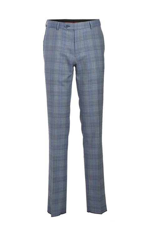 Light grey-blue, slim-fit wool suit. Features a windowpane plaid, notch lapel, and a two-button jacket. Finely woven, structured silhouette.
