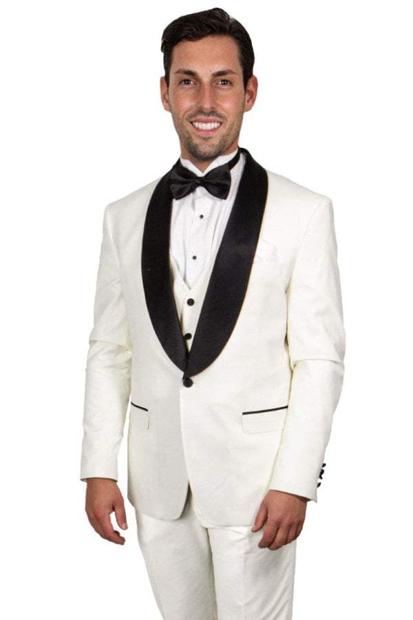 "Mens Stacy Adams Suit - Stacy Adams Suit Men's Ivory Tuxedo - Vested One Button Shawl Lapel"