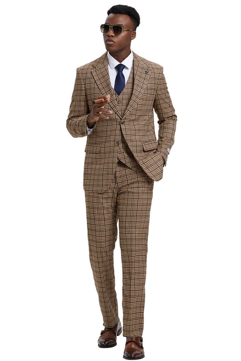 Men's Stacy Adams modern fit 3-piece suit: houndstooth glen plaid (camel/green). Textured weave, structured fit, notched lapels, 2-button jacket, flat-front trousers, and low-cut vest.