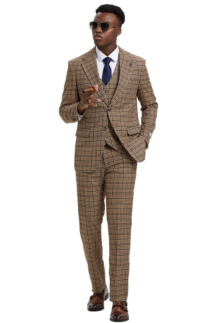 Men's Stacy Adams modern fit 3-piece suit: houndstooth glen plaid (camel/green). Textured weave, structured fit, notched lapels, 2-button jacket, flat-front trousers, and low-cut vest.