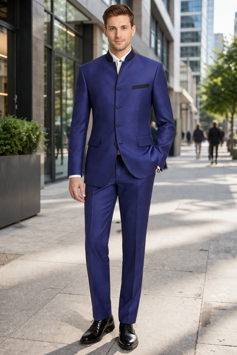Wedding Groom Suit - Prom 2026 Tuxedo Suit - No Collar Weddig Tuxedo - Blue