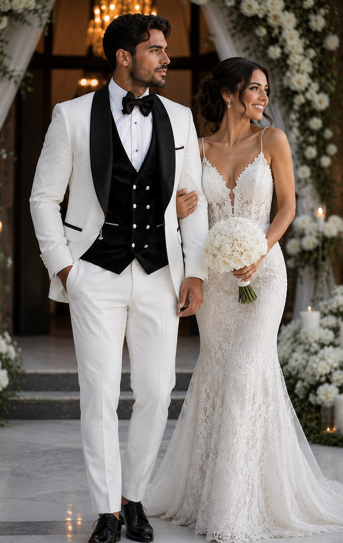 Wedding Tuxedo - Groom Suit - White and Black Prom Suit