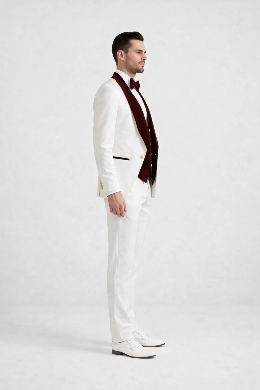 Wedding Tuxedo - Groom Suit - White and Burgundy Prom Suit