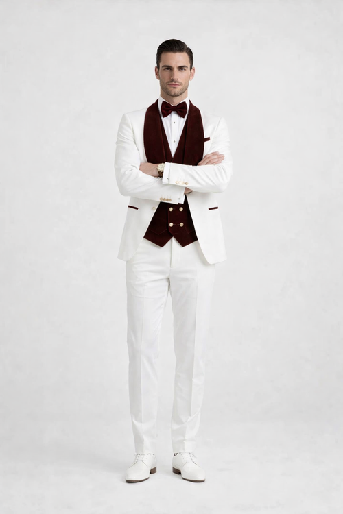 Wedding Tuxedo - Groom Suit - White and Burgundy Prom Suit