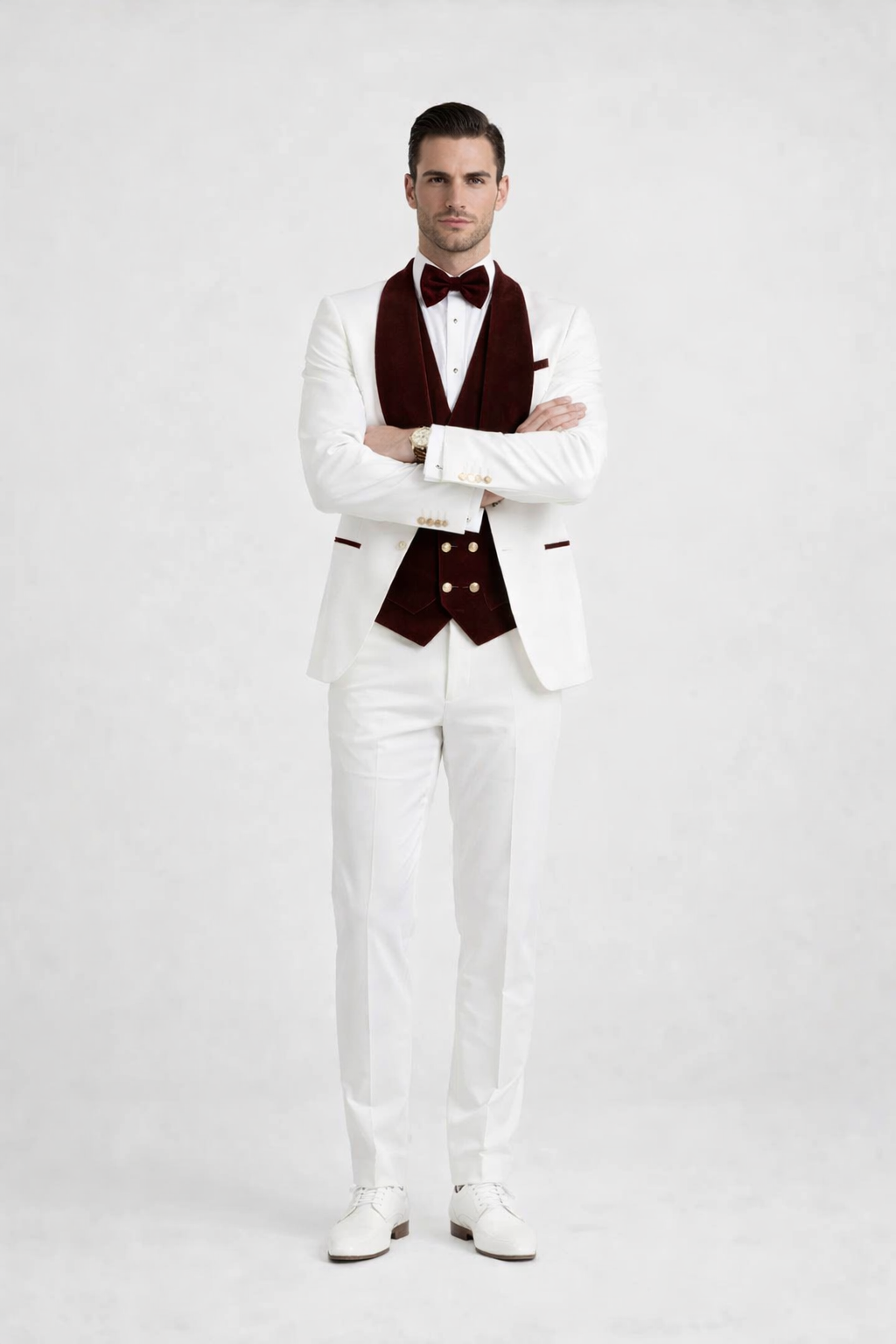 Wedding Tuxedo - Groom Suit - White and Burgundy Prom Suit