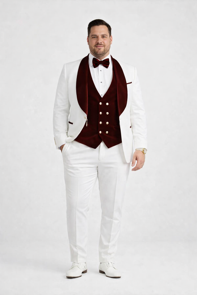 Wedding Tuxedo - Groom Suit - White and Burgundy Prom Suit