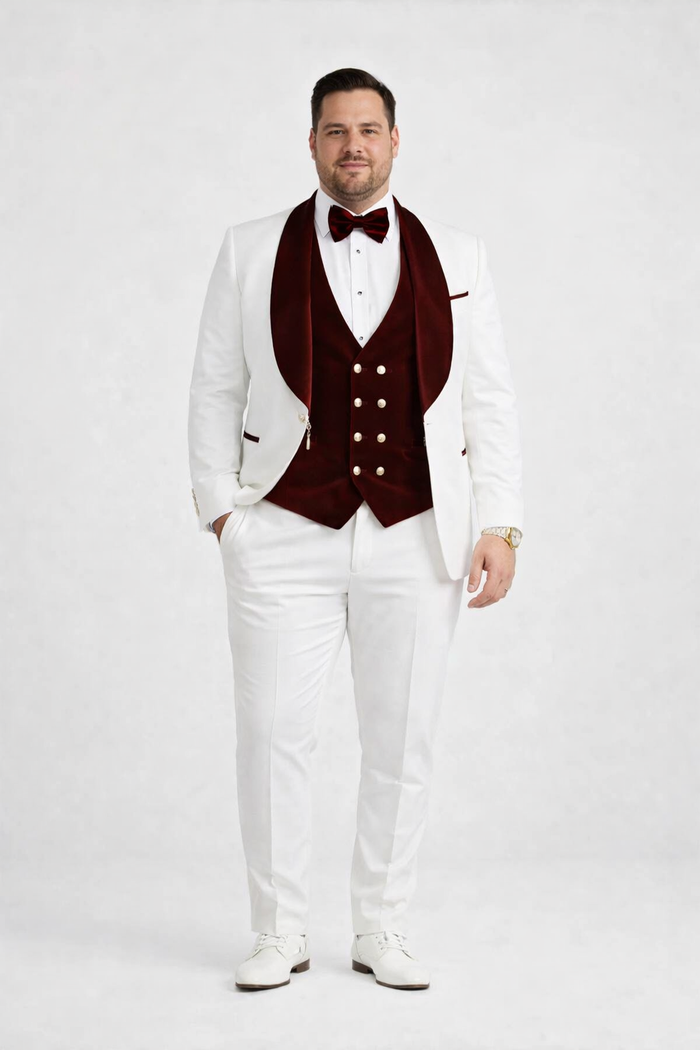 Wedding Tuxedo - Groom Suit - White and Burgundy Prom Suit