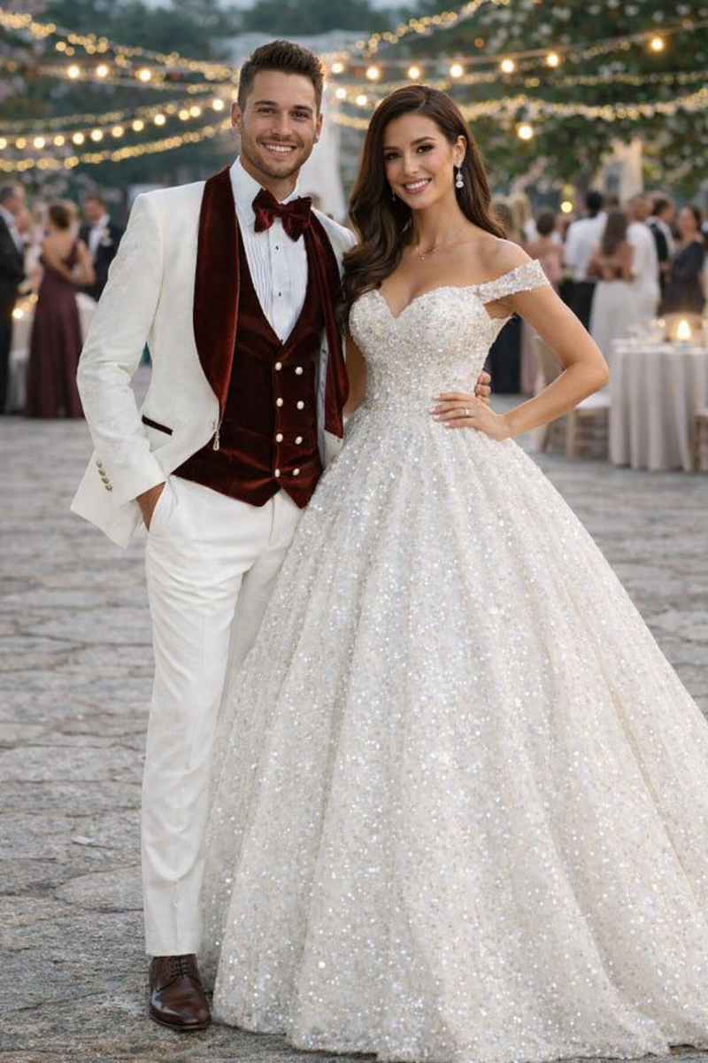 Wedding Tuxedo - Groom Suit - White and Burgundy Prom Suit