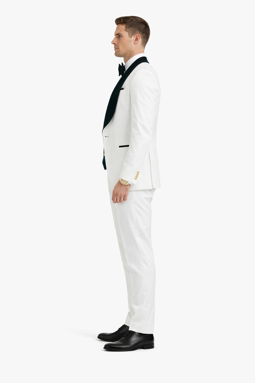 Wedding Tuxedo - Groom Suit - White and Dark Green Prom Suit - 100% Percent Wool Fabric Suit - Worsted Wool Business Suit