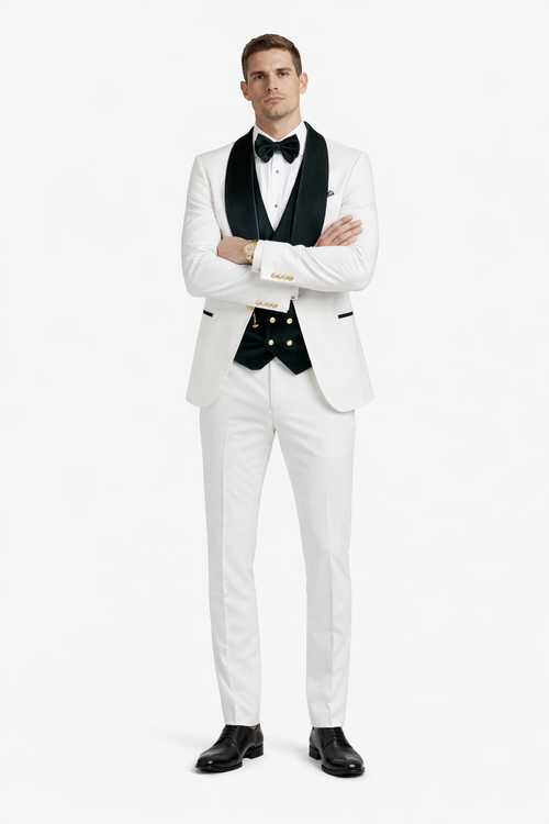 Wedding Tuxedo - Groom Suit - White and Dark Green Prom Suit - 100% Percent Wool Fabric Suit - Worsted Wool Business Suit