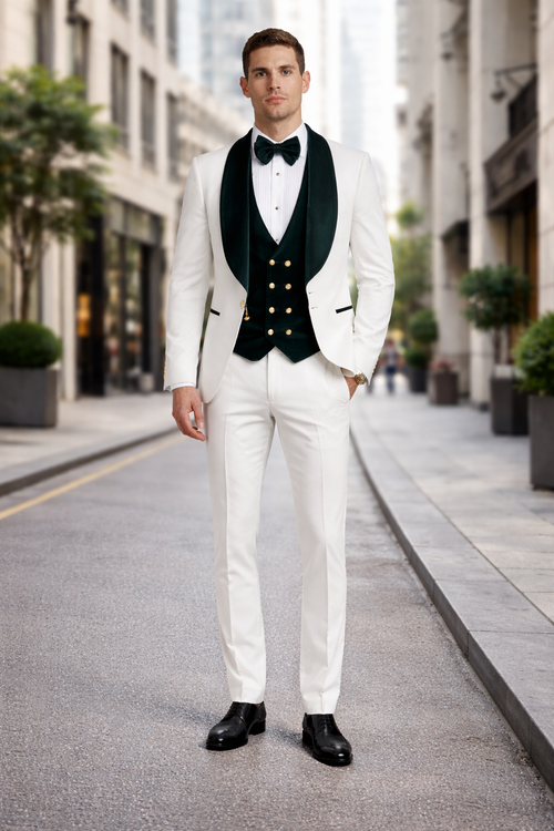 Wedding Tuxedo - Groom Suit - White and Dark Green Prom Suit - 100% Percent Wool Fabric Suit - Worsted Wool Business Suit