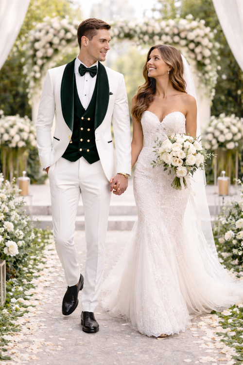 Wedding Tuxedo - Groom Suit - White and Dark Green Prom Suit - 100% Percent Wool Fabric Suit - Worsted Wool Business Suit